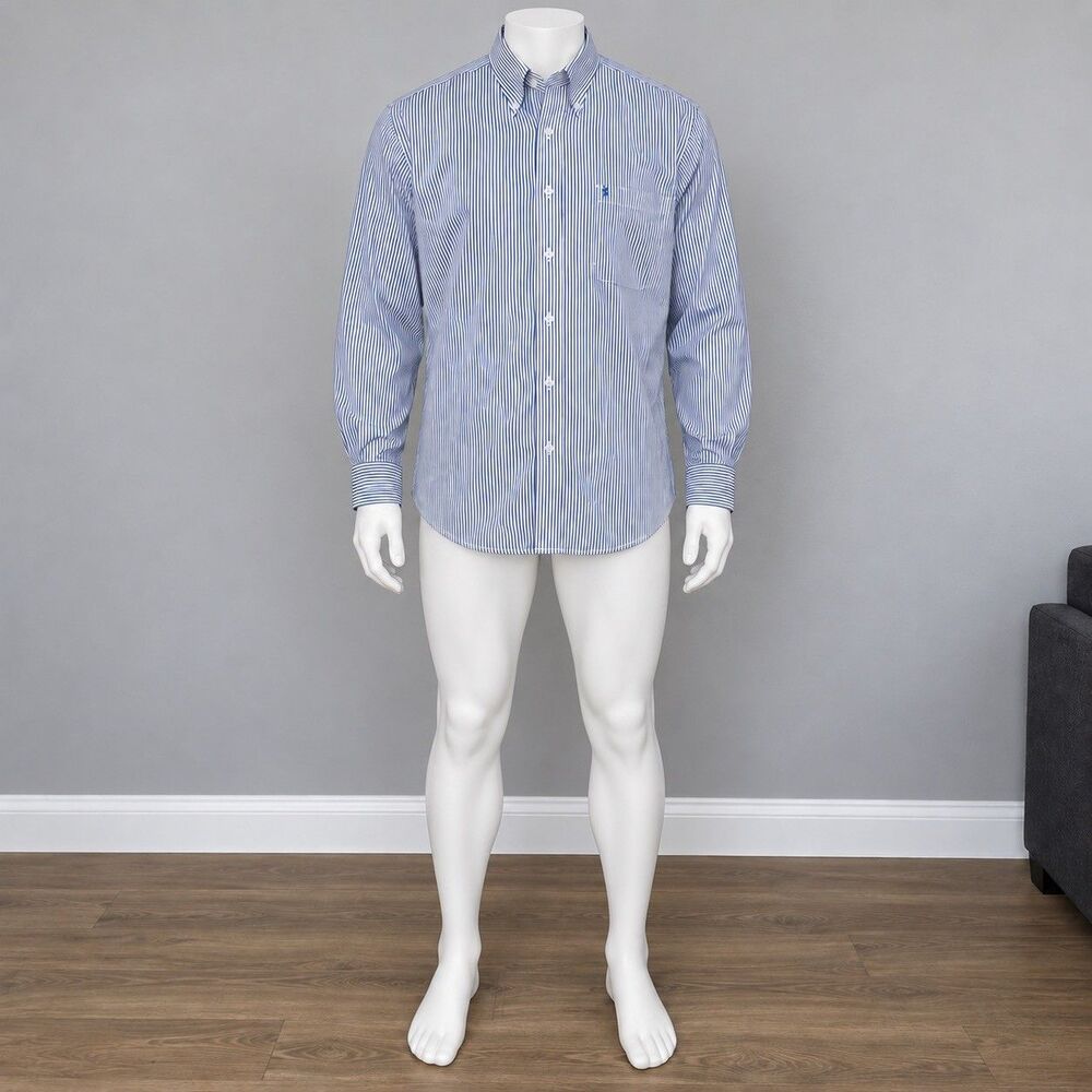 IZOD Men Dress Shirt 16.5 34/35 Blue White Stripe Button Down Long Sleeve Preppy